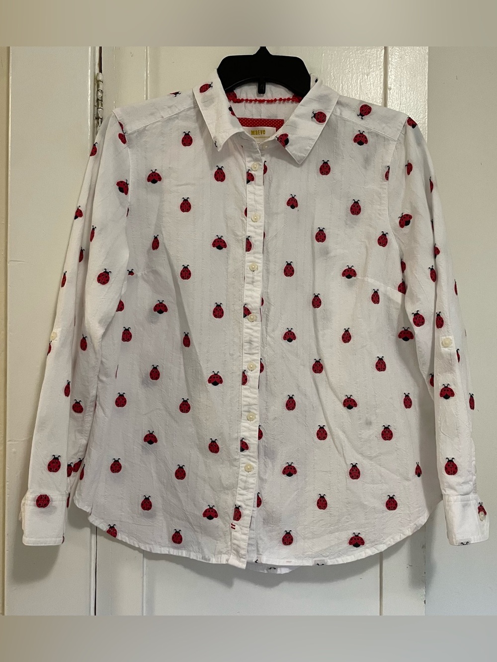 Maeve White Button-Down Shirt with Red Ladybug Motif size medium petite